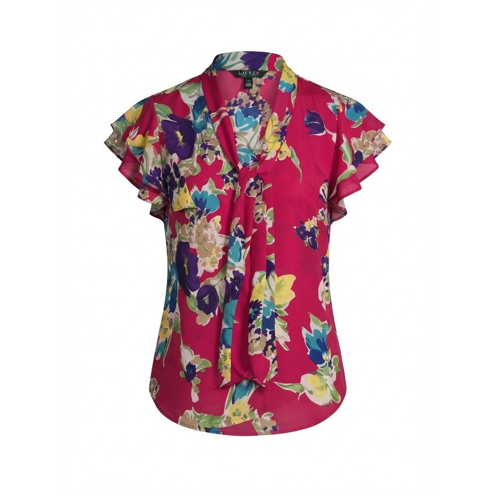 Lauren Ralph Lauren Floral Tie Neck Blouse Womens Large Pink Flutter Sleeve Good